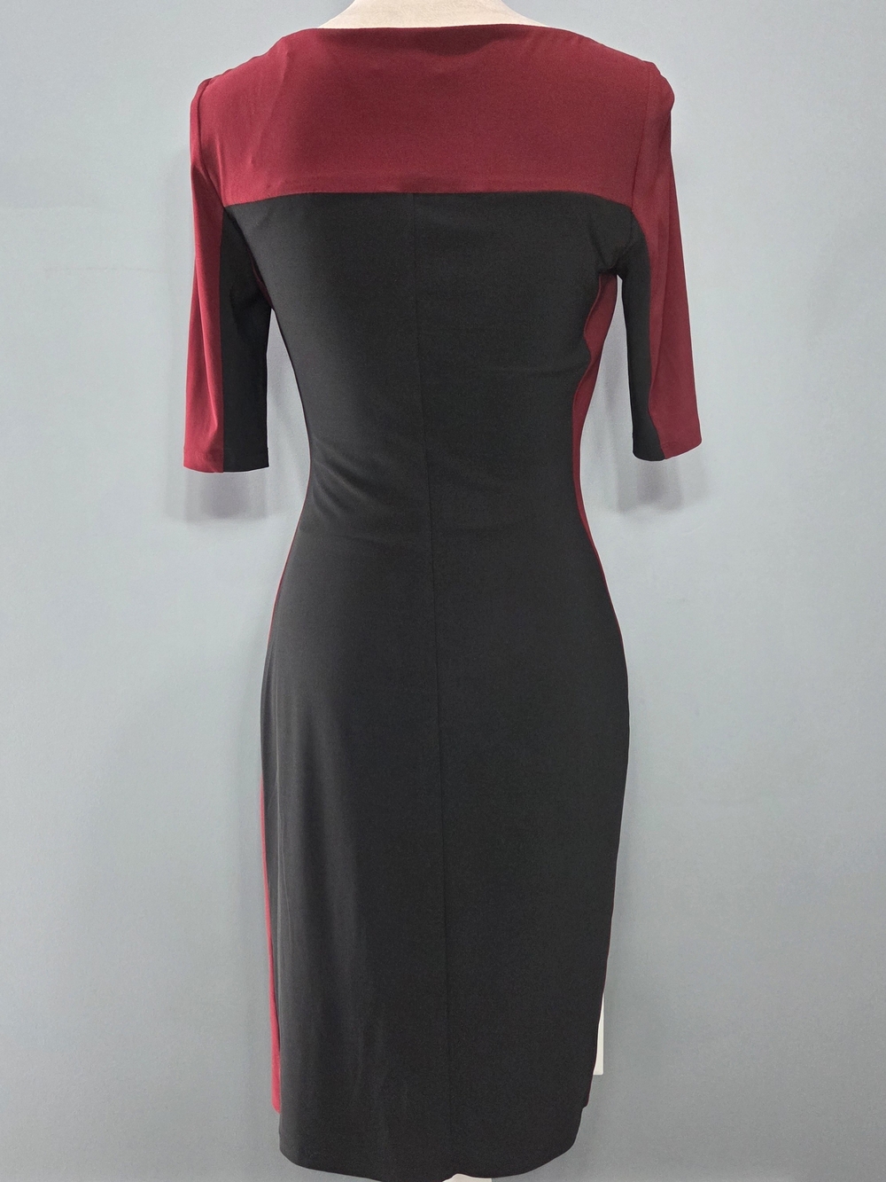 Chaps Black and Burgundy Boatneck Colorblock Midi Dress 3/4 Sleeve Small - Picture 2 of 10